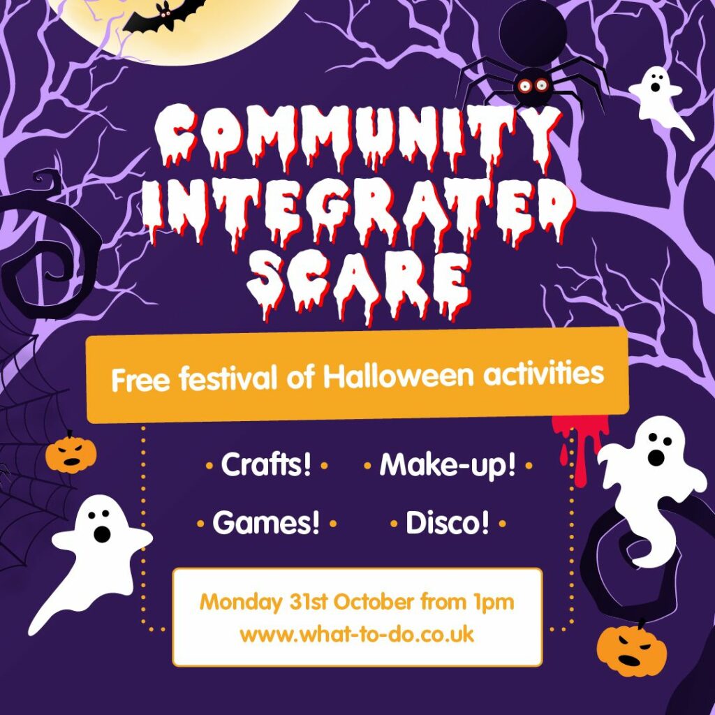 Community Integrated Scare poster decorated with cartoon ghosts, pumpkins and bats.