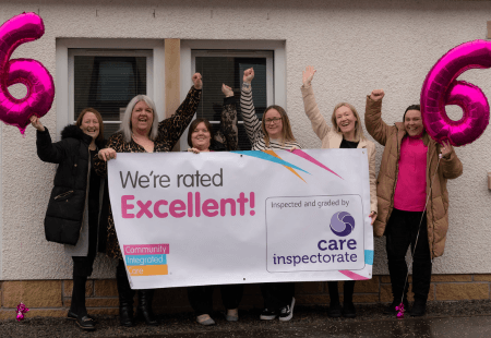 • Clare Mcmurchie (right) and Service Leaders for Perth & Kinross and Forth Valley Housing Support Services cheer in celebration of their inspection result.